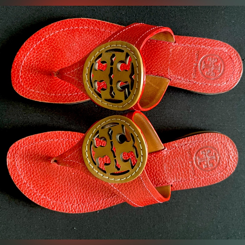Tory Burch cherry red logo flip flops in size 5
